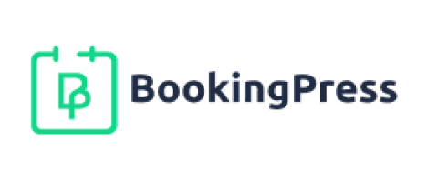 The BookingPress logo consists of a green square containing a white stylized "B" with a plus sign, flanked by two vertical lines, and the company name "BookingPress" in dark blue text to the right.