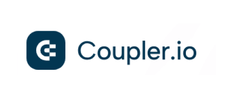 The Coupler.io logo consists of a dark blue square containing a white stylized "C" symbol, followed by the website name "Coupler.io" in a dark blue sans-serif font.