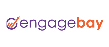 The EngageBay logo consists of the words "engagebay" in purple and orange, with a stylized orange upward arrow within a circle to the left.