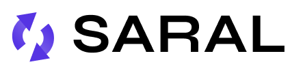 The SARAL logo consists of a black uppercase "SARAL" text and a blue circular arrow symbol on a white background.
