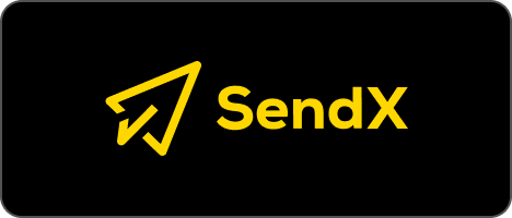 The SendX logo consists of a yellow arrow pointing right and the company name "SendX" in yellow text on a black background.