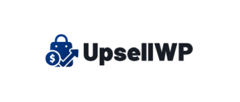 The UpsellWP logo consists of a dark blue shopping bag icon with a dollar sign and a checkmark, positioned to the left of the black text &ldquo;UpsellWP&rdquo;.
