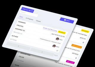Two tablets display project management features, including task assignments, progress tracking, and tag functionality. One tablet shows a 