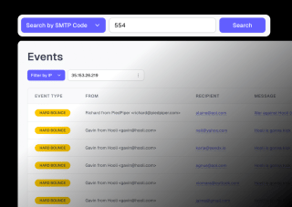 Events are categorized into Hard Bounce, Soft Bounce, and Hard Soft Bounce, with corresponding from, to, and recipient addresses.
