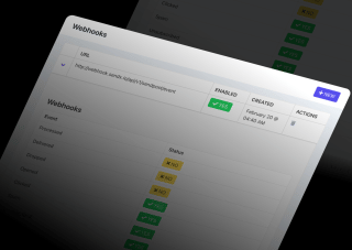 A computer screen displays a webhooks configuration page with fields for URL, enabled status, and actions, alongside a status column showing 
