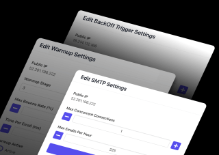 Three white panels display settings for Edit BackOff Trigger Settings, Edit SMTP Settings, and Edit Warmup Settings, with white text and dark gray buttons against a black background.