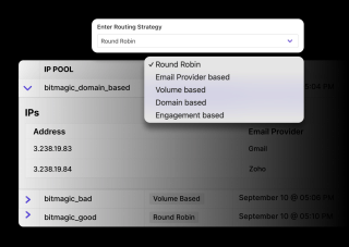 A routing strategy dialog box displays 