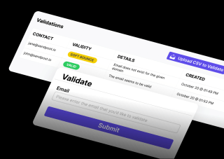 Two validation forms, one for email and one for CSV, are displayed against a white background. The email form requests a validation email, while the CSV form prompts the user to upload a CSV file for validation.