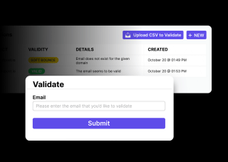 A user submits an email to validate an email, displaying a form with fields for email, created at, and validity status.