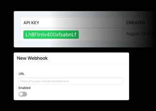 A green HTML code snippet demonstrates an API key creation, a new web hook, and a enabled switch.