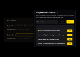 A subject line assistant tool generates subject lines for free shipping, applying them to a list of suggested lines with buttons to approve or decline.