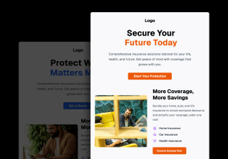 A modern email marketing campaign for insurance solutions features a white background, orange and black header, and a compelling offer of home insurance, car insurance, and health insurance.