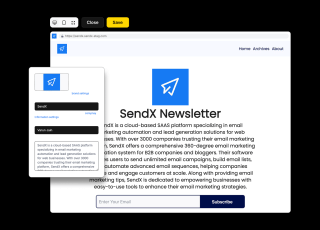 The SendX Newsletter website features a clean, professional layout, a blue and white logo, and a text box for email subscriptions, with navigation options on the right.