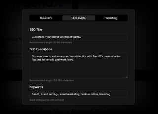 A black SEO document features recommended length, keywords, and publishing details, accompanied by a gray 