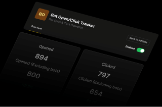 Bot Open/Click Tracker displays 894 opened and 797 clicked bots, with an overview button and back button available, set to 89.5%.