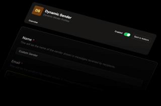 A Dynamic Sender form on a black background allows customization with the sender's name and email, and a preview of the form is shown.