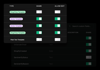 A share box with green and white buttons is centered on a drag drop template, with other share buttons to the right and below.