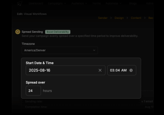 A dark-designed digital calendar displays a spread sending deadline of 24 hours on August 16, 2023, with a boost deliverability message.