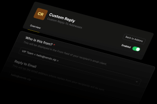 A dark interface features a form for custom reply emails, with a checkbox and 