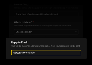 A dark email response window displays a subject line, 