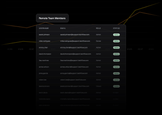 A table displays remote team members, including username, email, role, and status, with a line graph in the corner.