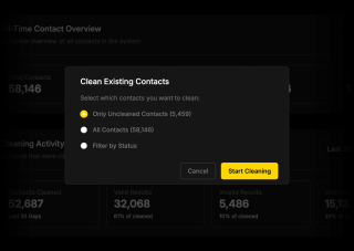 A pop-up window instructs users to clean existing contacts, selecting 