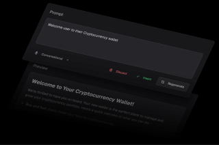 A dark-themed webpage displays a prompt to welcome a user to their Cryptocurrency Wallet, with a preview of the interface and a chat window.