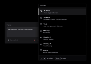 A dark-designed AI writing assistant, welcoming users with their Cryptocurrency wallet, invites them to enter text with a prompt box for interaction.