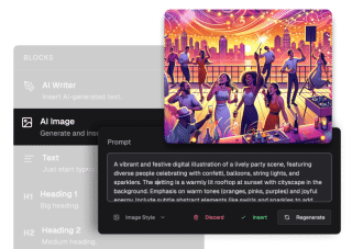 AI Writer interface displays a digital illustration of a vibrant party scene, while a text box offers a description with a hazy, dreamlike effect.