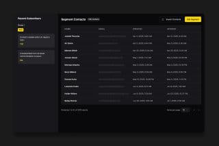 A subscription management dashboard displays recent subscribers, segment contacts, and updated information, with a dark background and yellow accents.