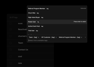 A dark-themed contact form features 17 fields for team members, event host, and trial user, with options for Power User, VIP Customer, and Active Event Host.