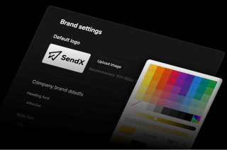 A design software interface displays brand settings, including default logo, posting image, and heading font, with a color gradient and gradient effect.