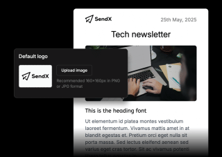 A black newsletter template displays a sending arrow icon, a highlighted section, and a heading for a tech newsletter dated May 25, 2025, featuring a blurred background image of a person working at a desk.