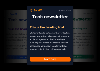 A dark blue email newsletter headline reads 