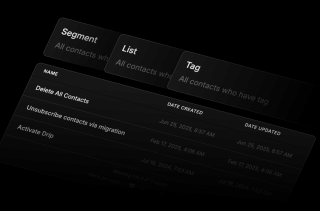 A black-shaded contact list displays segmented information, including name, date created, and tag, with a 