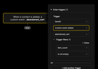 A black card with a yellow border displays a contact information box and a custom event addition box, set to 