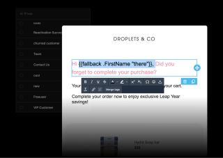 A software interface for DROPLETS & CO features a white canvas, dropdown menu, and text box, with a product listing for Hydra Soap bar at the bottom.