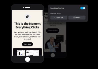 Two smartphones display a dark mode preview with text about saved hours, friction reduction, and feeling in control, accompanied by a dark mode button and mobile navigation options.