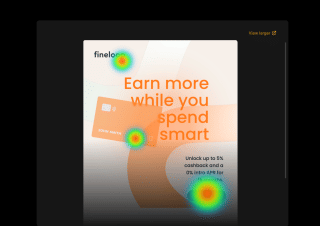 A digital advertisement for Fineloop features a credit card icon and text promoting the app's features and benefits, with heat maps indicating user engagement.