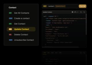 A contact page displays a list of contacts, their emails, and phone numbers, with a yellow button to update contact information.