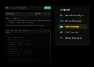A campaign management interface features a dark background, lighter text for a green button, and a yellow button for campaign management tasks.