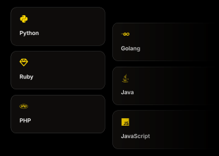 A grid of six black-background squares displays yellow software icons and names, including Python, Golang, Ruby, Java, PHP, and JavaScript.