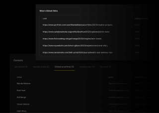 A black screenshot displays a table of links and contact information, with a title 