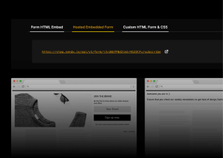 A website features a dark background, contrasting with white and yellow text elements, including a 