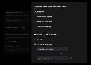 A black-background form, with yellow checkboxes and text fields, is designed with intuitive buttons for managing contact lists and popup messages.