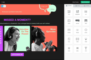 A website design interface features a black background, red and white speech bubble, and three distinct images, with a menu bar and text box on the right, and a 