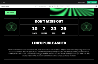 A concert ticket page displays a countdown of 10 days, 7 hours, 23 minutes, and 29 seconds, with a 