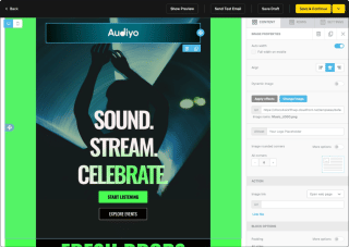 Audioyo's homepage features a green background, a black silhouette, and of singing hands, accompanied by a white banner promoting 