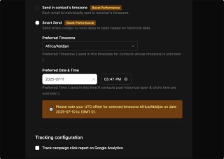 A black email advertisement requests a note about an UTC offset for selected timezone Africa/Abidjan on 2025-07-10, with options for contact timing and smart sending.