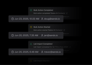 A screenshot of a digital calendar displays upcoming events, including a bulky action completed on Jun 23, 2025, and a list import completed on Jun 20, 2025.
